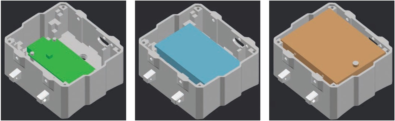 Obr. 3 Návrh provedení konstrukce prototypu – vložení plošného spoje, vyhodnocení obsahu kyslíku (zelená), vložení baterie (modrá) a plošného spoje jednotky procesoru (hnědá)